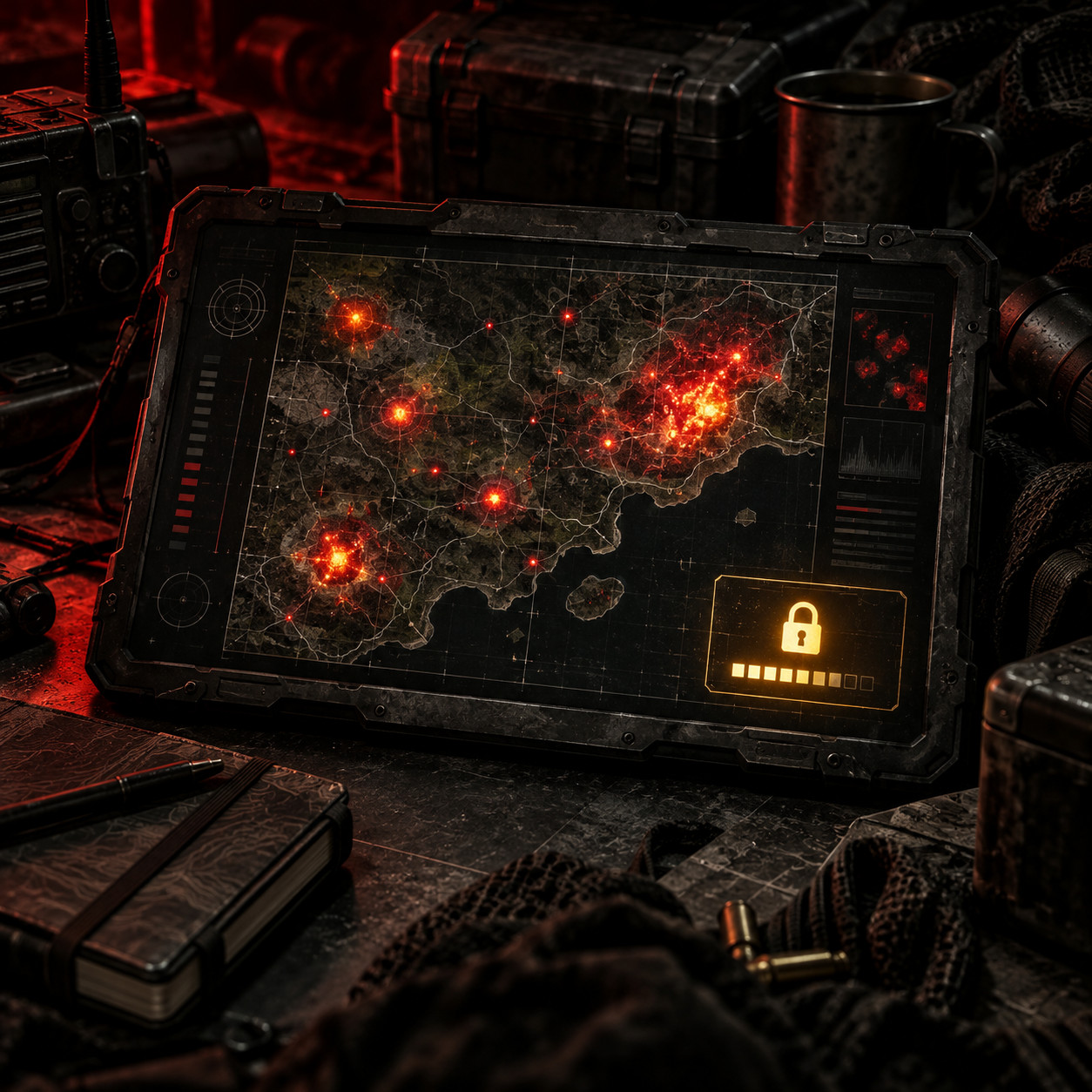 A rugged tactical display showing an abstract red and gold combat activity heatmap